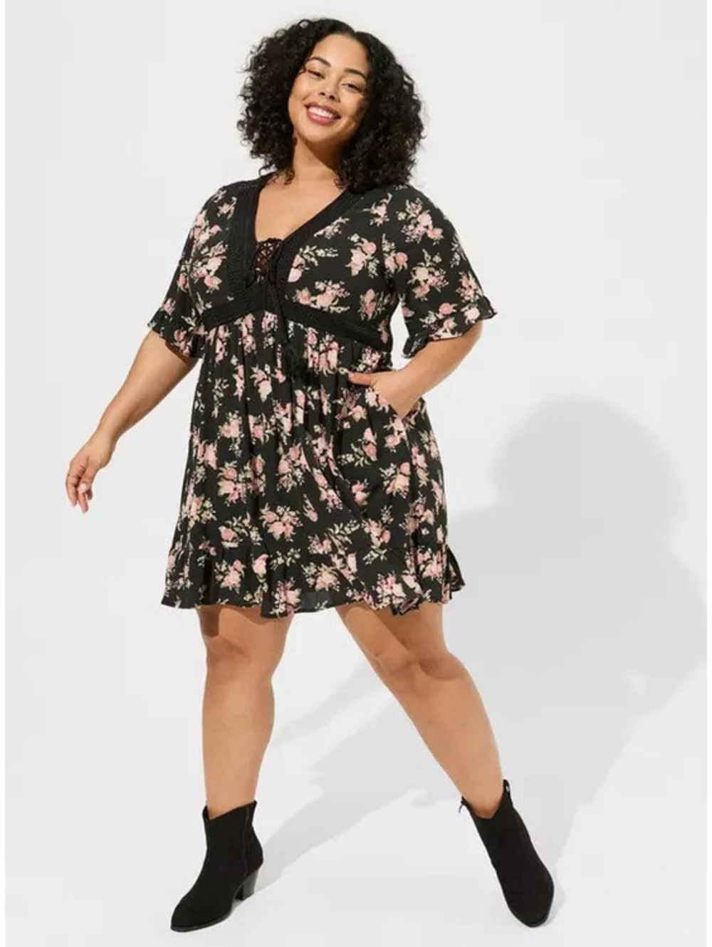 Torrid Black Floral Lace-Up Flutter Sleeve Dress 1XL